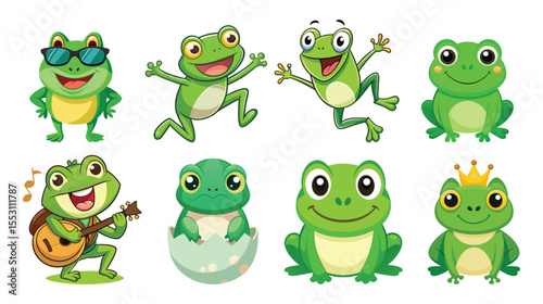Collection of colorful cartoon frogs with foliage isolated on white background