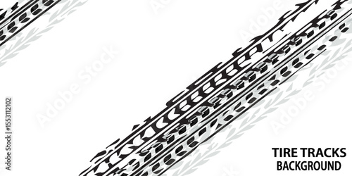 Tire tracks background for rally, drift, motocross, off-road and other auto and motorsport. Black tire marks on a white background with a worn effect and splashes of dirt. Vector idynamic tire