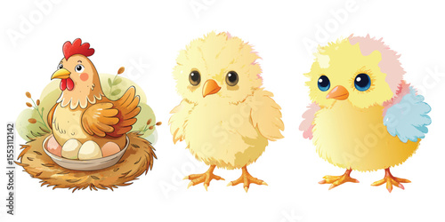 Cute cartoon chicken and chicks in a nest and standing isolated