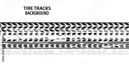 Tire tracks background for rally, drift, motocross, off-road and other auto and motorsport. Black tire marks on a white background with a worn effect and splashes of dirt. Vector idynamic tire