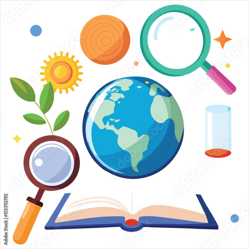 Globe and magnifying glass with open book for learning and exploration