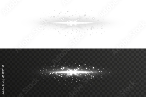 Soft light flash effect with radiant beam and glimmering star center in white. Ideal for enhancing photographs, adding light touches to digital art, or decorating festive and romantic scenes