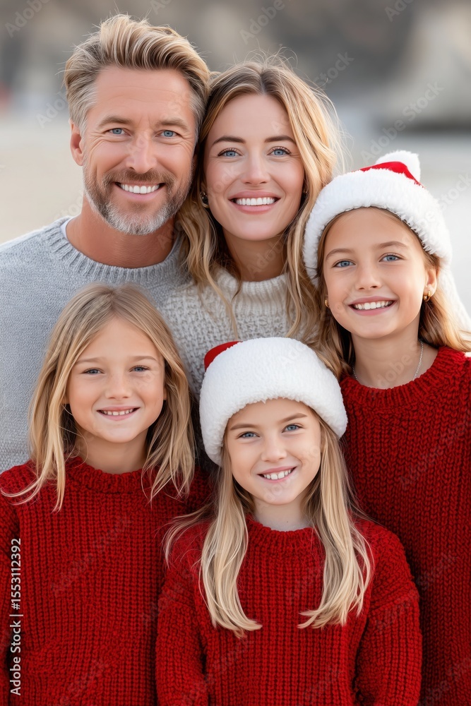 Obraz premium Family portrait featuring smiling parents and children wearing festive red sweaters and Santa hats, celebrating Christmas with joy and warmth in a cheerful outdoor setting