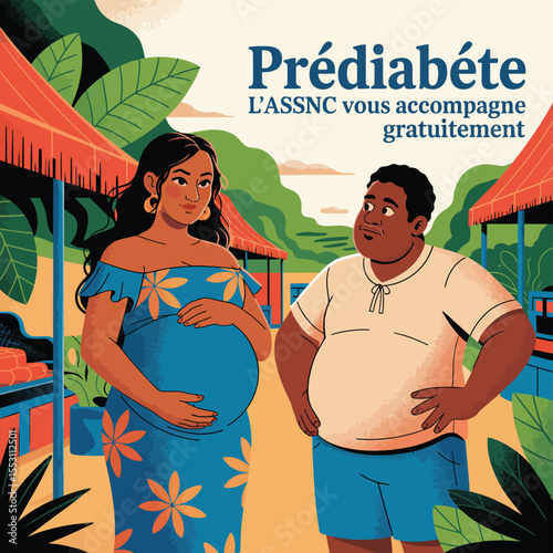Prediabetes Awareness Illustration – Colorful Market Scene Promoting Free Support from ASSNC
