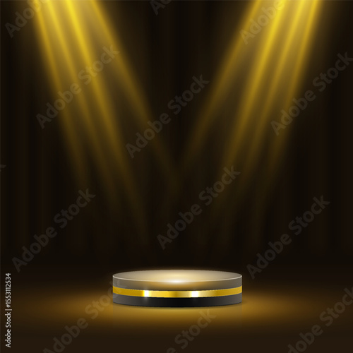 Vector illustrations of glowing golden light rays on dark stage backgrounds. Includes podiums, red carpets and warm theatrical lighting for realistic product mockups, ceremonies, or music shows.