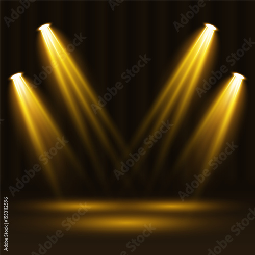 Vector illustrations of glowing golden light rays on dark stage backgrounds. Includes podiums, red carpets and warm theatrical lighting for realistic product mockups, ceremonies, or music shows.