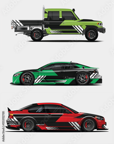 Three Cars with Custom Wraps A Green Truck and Two Sports Cars