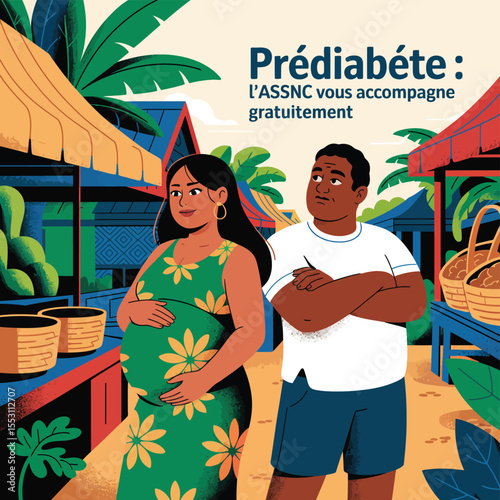 Prediabetes Awareness Illustration – Colorful Market Scene Promoting Free Support from ASSNC
