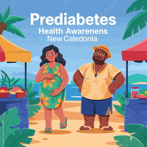 Prediabetes Awareness Illustration – Colorful Market Scene Promoting Free Support from ASSNC