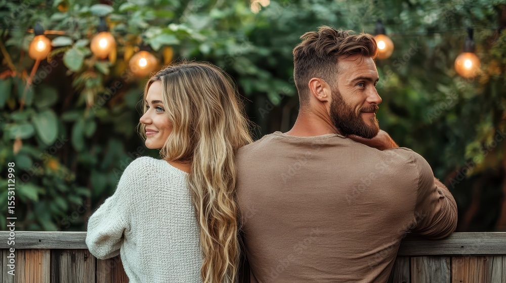 Fototapeta premium This romantic image captures a couple sitting back to back in a lush garden, connected by a soft smile and surrounded by gentle lighting, evoking feelings of love and intimacy.