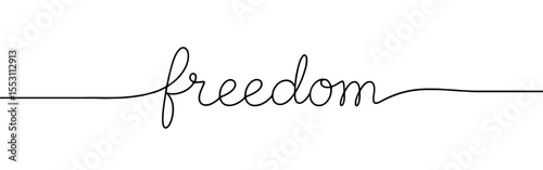 Continuous line drawing freedom text. Word phrase lettering with script font.