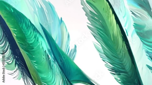 A repeating pattern of feathers with a watercolor effect blending hues of green and blue to evoke a sense of nature and fluidity