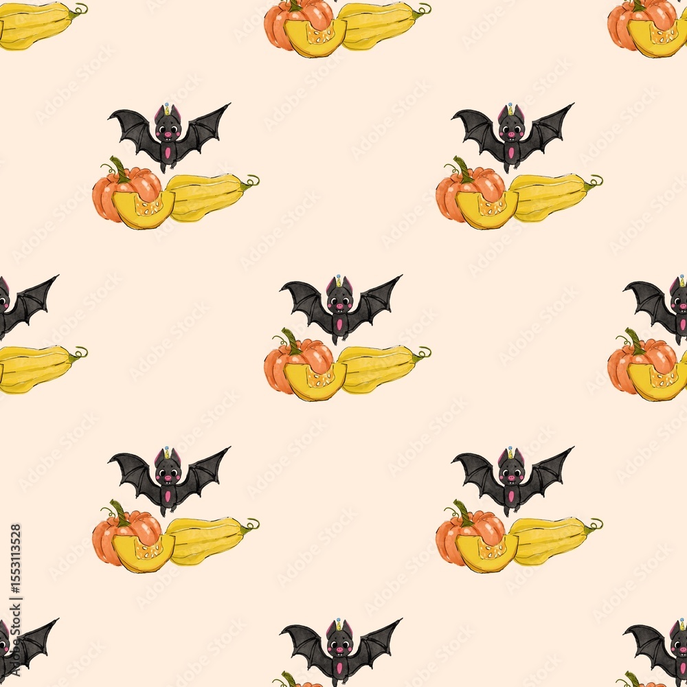 Fototapeta premium Halloween seamless background with pumpkins and bat