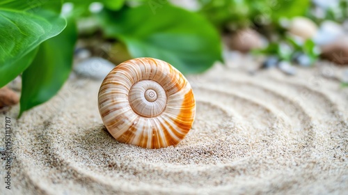 Nautilus shell within zen garden circle, symbolizing calm growth