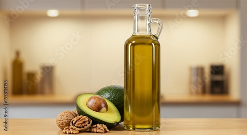 Transparent bottle of oil with natural mood representing unsaturated fat beside avocado and walnuts against blurred kitchen background