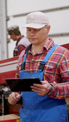 Farmer monitor quality of potatoes with digital tablet, on sorting conveyor belt in potato storage warehouse. potato harvest, farming, agriculture, food industry.