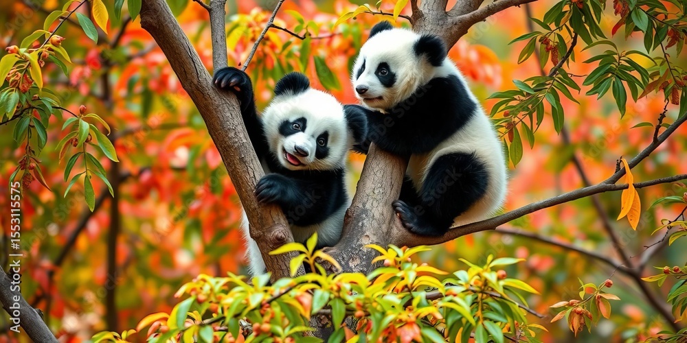 Fototapeta premium Two playful panda cubs climb a tree, their black and white fur contrasting against vibrant foliage, panda cub, adorable