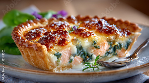 Savory salmon pie with a golden flaky crust and creamy lemon spinach filling, styled on a rustic plate with cozy, natural lighting.