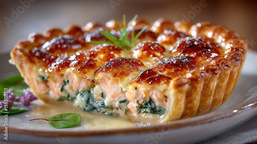 Savory salmon pie with a golden flaky crust and creamy lemon spinach filling, styled on a rustic plate with cozy, natural lighting.