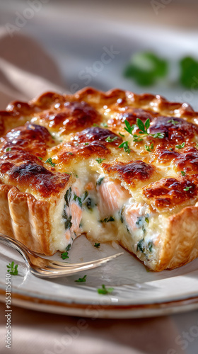 Savory salmon pie with flaky golden crust, spinach, and lemon cream filling, sliced open on rustic plate, homemade gourmet food styling, cozy natural light and earthy tones