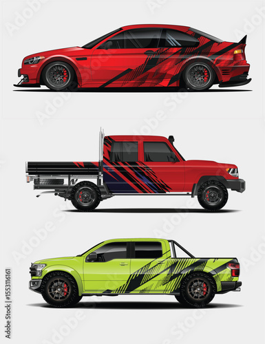 Three Customized Vehicles with Bold Graphics A Red Coupe Red Truck and Green Truck
