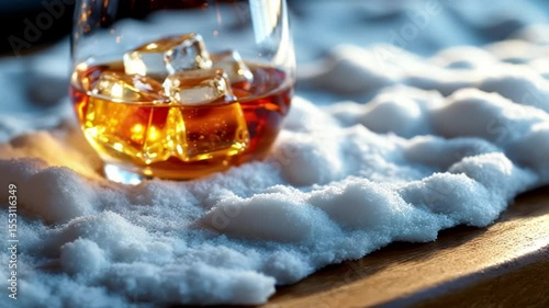 Whiskey sits in a glass filled with ice cubes on a bed of snow under soft lighting