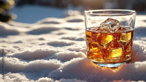 Whiskey sits in a glass filled with ice cubes on a bed of snow under soft lighting