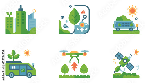 A vibrant set of vector icons illustrating eco-friendly transportation and nature, featuring cars, houses, trees, and city elements under a green sky