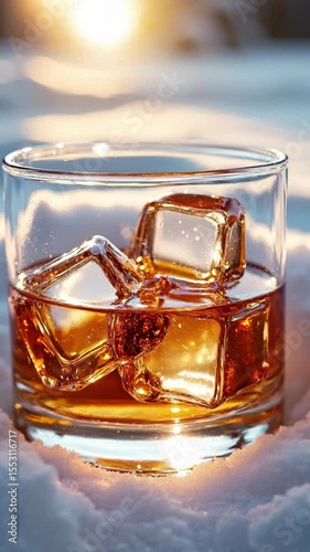 Whiskey sits in a glass filled with ice cubes on a bed of snow under soft lighting