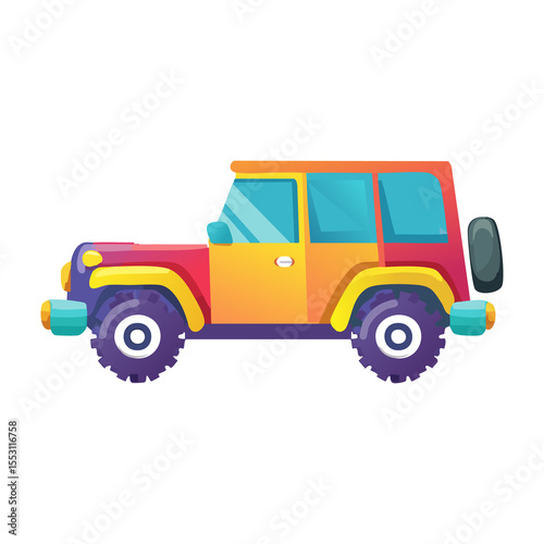 Colorful cartoon off-road vehicle parked in a vibrant setting during a sunny day. PNG image, transparent background