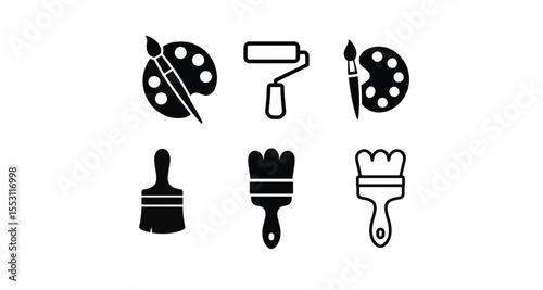 Set of six black paintbrush and roller icons, palette included, for artist