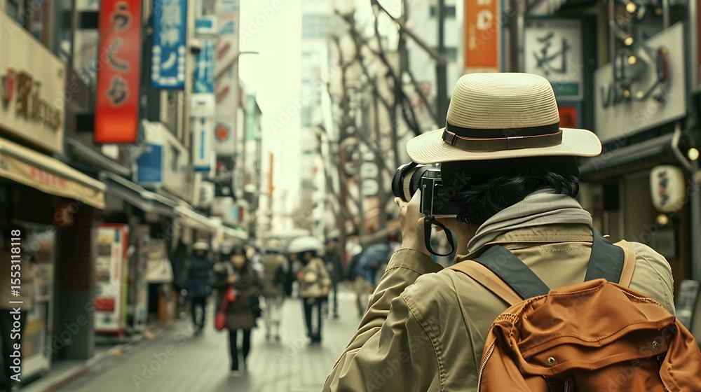 Fototapeta premium Back view of a tourist taking photographs in Tokyo, Japan with an old film camera and wearing a straw hat in urban setting.