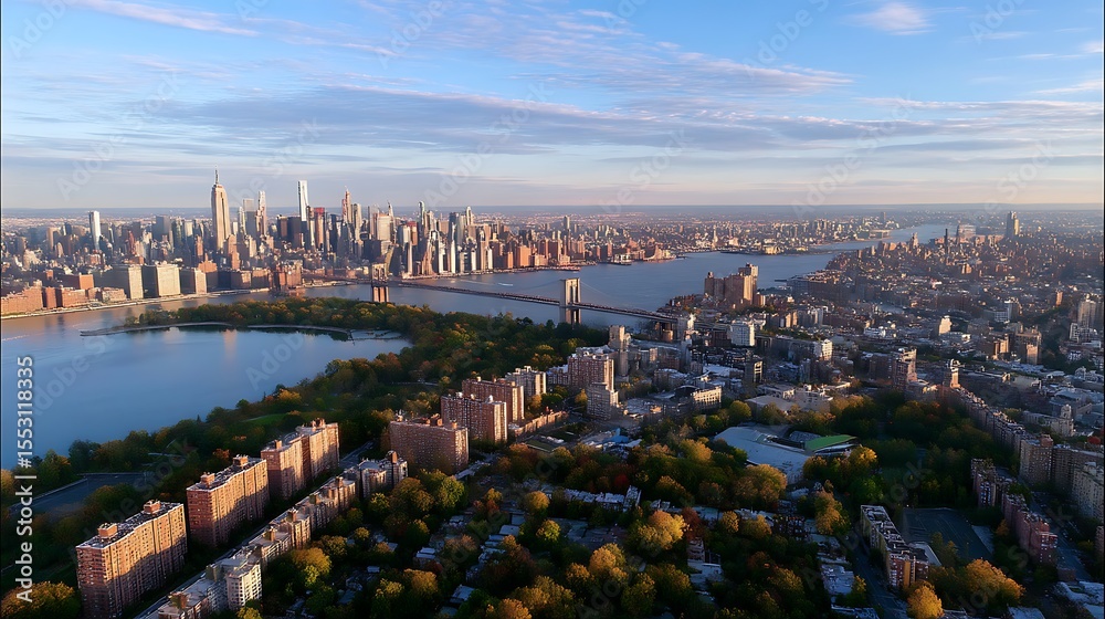 Naklejka premium Aerial View of New York City Skyline at Sunset with River and Parks