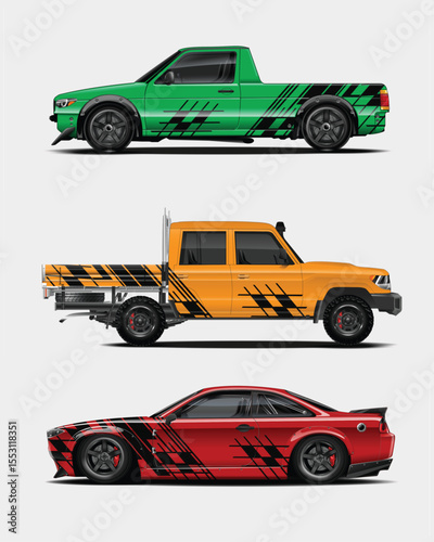 Three Modified Vehicles Green Pickup Yellow Truck and Red Sports Car