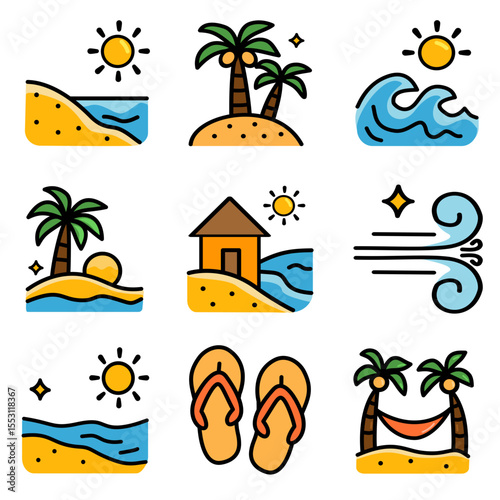 Beach vibes with nine summer beach icons for tropical paradise. Suitable for summer designs, travel websites, or vacation advertisements.