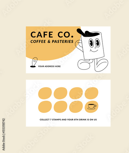 Design template of coffee shop loyalty card. Discount coupon for collection stamps. Loyalty card for cafeteria or cafe