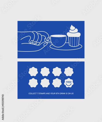 Design template of coffee shop loyalty card. Discount coupon for collection stamps. Loyalty card for cafeteria or cafe