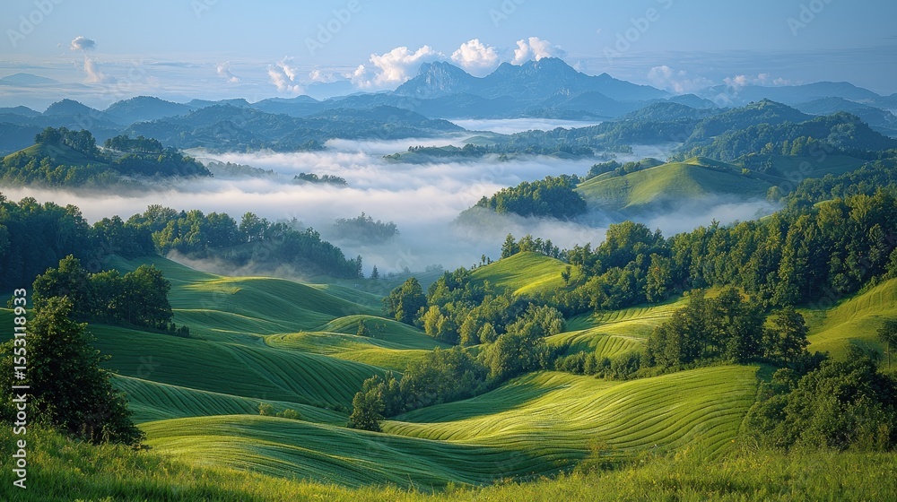 Fototapeta premium Rolling hills blanketed in morning mist, with distant mountains.
