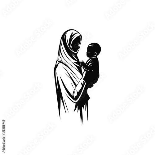 Muslim Woman Holding Baby Silhouette – Maternal Bond Icon Isolated on White Background
