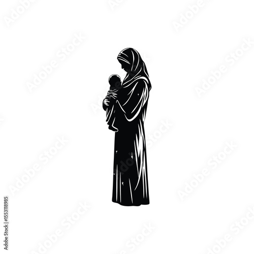 Muslim Woman Holding Baby Silhouette – Maternal Bond Icon Isolated on White Background
