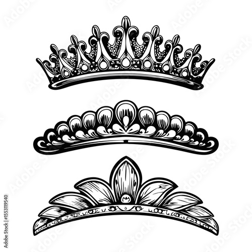 Elegant bridal tiaras for wedding invitations.  Set of three ornate headpieces, perfect for elegant wedding stationery design.