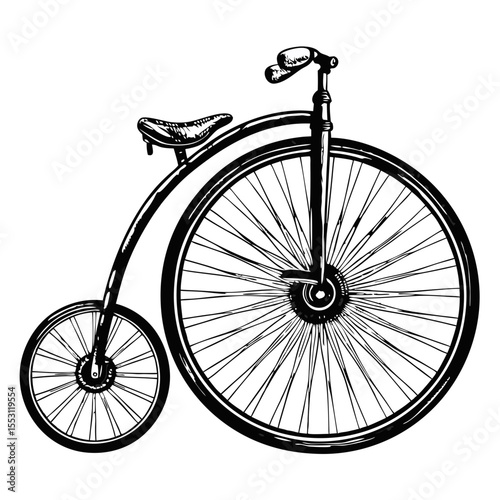 Vintage bicycle design illustration. Classic high-wheel bicycle drawing with detailed spokes and frame. Retro bicycle image perfect for etching prints, posters, and vintage design projects.