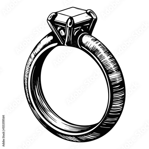 Vintage engagement ring with a brilliant-cut diamond. This elegant piece of jewelry features intricate details on band, showcasing timeless design. Perfect image for etching projects.