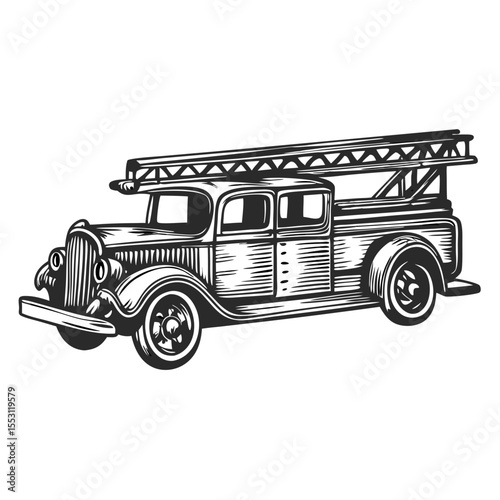 Vintage fire truck illustration. Detailed drawing of antique fire engine with extended ladder. Classic fire truck design perfect for vintage posters, firefighter patches, or nostalgic etching prints.