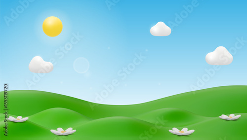 3D green grass and hills. Summer landscape design element. Minimal nature composition. Vector illustration