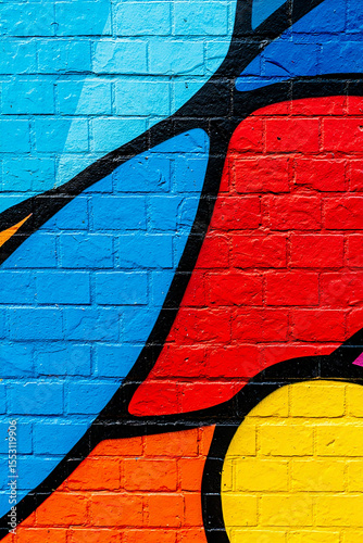 Vibrant abstract graffiti art painted on a textured brick wall with bold colors