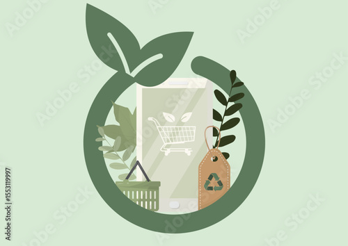 Eco friendly shopping concept with circular design featuring sustainable commerce elements. Green retail and environmental responsibility ideal for marketing campaigns. Flat style. Vector illustration