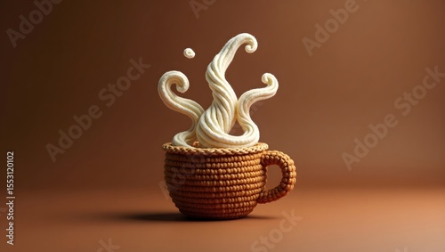 3D crochet keychain featuring a lifelike coffee cup with rounded handle, delicate rim, and a slender body adorned with subtle, swirling patterns, emitting wispy steam curls that rise upwards in a whim
