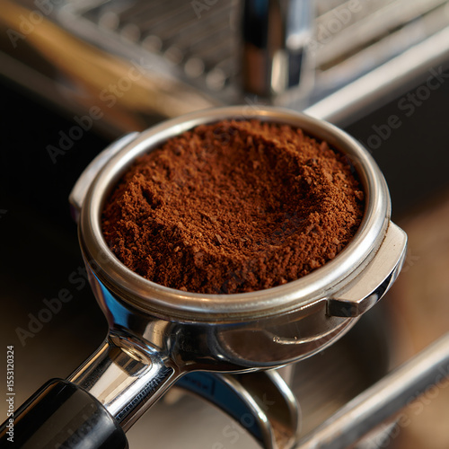 Close up of finely ground coffee beans in a portafilter ready for espresso preparation