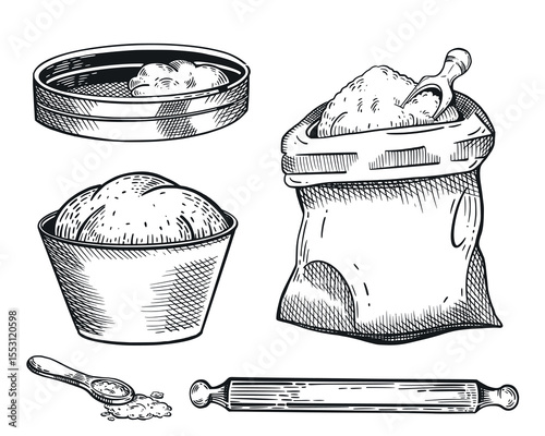 A set of vector illustrations, all for baking. A bag of flour, a sieve, a bowl with ready-made dough, a rolling pin, a spoon. The illustration is suitable for printing on fabric, paper, goods.